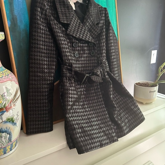 Y2K Candie's Glossy Black Houndstooth Trench Coat M - Picture 3 of 16